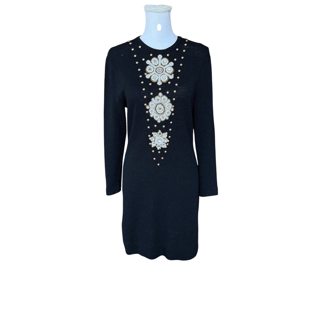Antonella PreveBlack Knit Embellished Pearl Rhinestone Sweater Dress S